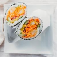 Shrimp Lover Sushi Burrito · Spicy. Tempura Shrimp, purple cabbage, pickled daikon, carrot, cucumber, lettuce, avocado, s...