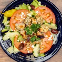 Chicken Salad · Greek salad (see above) with a skewer of grilled chicken.