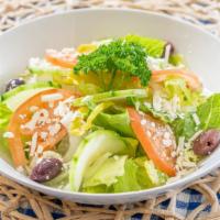 Greek Salad · Lettuce, tomatoes, cucumbers, onions, feta cheese, olives, pepperoncini, vinaigrette and tza...