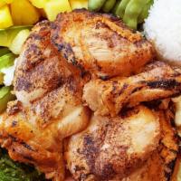 Hawaiian Chicken · Comes with a serving of two scoops of rice, dressing and two sides. Marinated chicken thigh ...