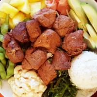 Roasted Pork Plate · Gluten-free. Roasted and seared pork shoulder with Hawaiian sea salt and huli huli teriyaki ...