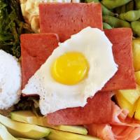 Spam & Fried Egg Plate · Gluten-free. Grilled spam and fried egg served with two scoops of rice and two side of salad...