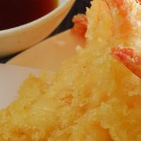 Tempura Shrimp · Tempura shrimp with tempura dipping sauce, scallions and sesame seeds.