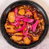 Pork & Beans Bowl · Baked beans with pulled pork, hot link and spicy BBQ sauce topped with pickled onions.