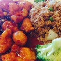 Sesame Chicken · Served with pork fried rice or white rice and egg roll.