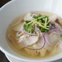 Chicken Ginger Pho · Sliced white meat chicken. Served with fresh bean sprouts, basil, lime, and jalapeños.