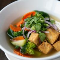 Vegetable And Tofu Pho · Fried tofu, carrots, broccoli, and zucchini in a vegetarian broth. Served with fresh bean sp...