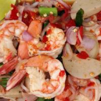 Shrimp Salad / Yum Koong · Shrimp, cilantro, green onions, red onions, tomatoes, carrots, and lettuce tossed in a spicy...