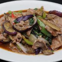 Eggplant Basil / Pad Makeua · Eggplant, bell peppers, onion, garlic, chilies, and basil leaves all stir-fried together wit...