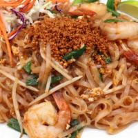 Pad Thai · Famous stir-fried Thai rice noodles with egg, bean sprouts, your choice of meat, and green o...