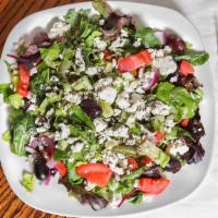 Side Greek Salad · Blend of romaine lettuce, tomatoes, red onions, cucumbers, feta cheese, pitted black Kalamat...
