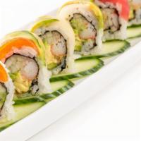 Rainbow Roll · California roll topped with tuna, salmon, madai, avocado