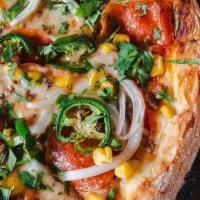 Pizza Mexican · Mozzarella, ground beef, pepperoni, onion, jalapenos, sweet corn and cilantro.