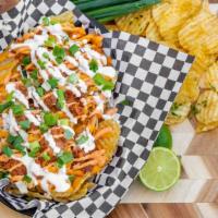 Bbq Pork Nachos · Potato chips topped with cheddar Jack cheese blend, pulled pork, chipotle aioli, Mexican cre...