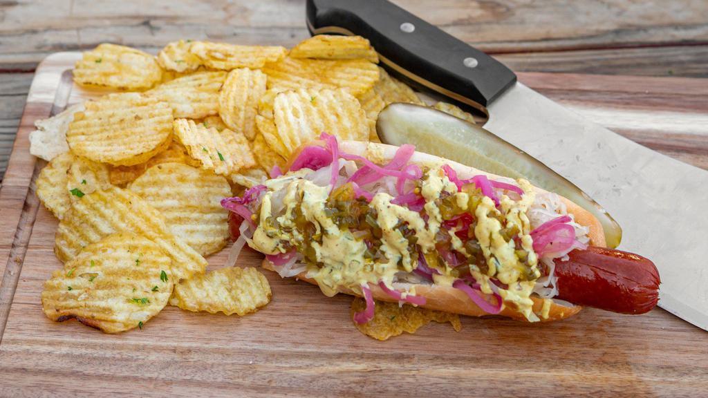 1/4 Lb. The Works Hot Dog · Sauerkraut, pickled onions and mustard aioli.