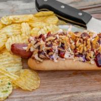 Bbq Pork Hot Dog · Pulled pork, pickles, signature ancho BBQ sauce, and creamy chipotle coleslaw.