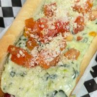 Spinach And Artichoke Dog · All beef hot dog topped with spinach and artichoke dip, diced tomatoes and parmesan cheese.