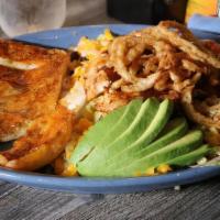 Bbq Ranch Chicken Salad · Grilled chicken, avocado, tomato, corn, black beans and Cheddar cheese, mixed lettuce, tosse...