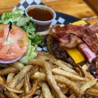 Ultimate · 1/2 pound Wagyu/ Sirloin  with Smoked Ham, Smoked Bacon, lettuce, tomato, onion, Cheddar Che...