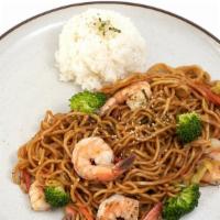 Shrimp Yakisoba · Japanese noodles wok-stirred with shrimp, veggies,.  and traditional yakisoba sauce. Served ...