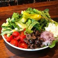 Greek Salad · Romaine lettuce, cucumber, red onion, tomato, kalamata olive, feta cheese, pepperoncini, yel...
