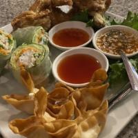 Thai Combo · Fresh rolls three pieces, crab wonton four pieces, chicken wings four pieces.