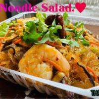 Glass Noodle Salad  · Glass noodles, black mushrooms, red onion, green onion, carrots, shrimp, chicken, all mixed ...