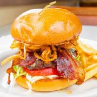 Blue Cheese And Bacon Burger* · Danish blue cheese crumbles, crisp bacon, chipotle mayonnaise, lettuce, tomato and frizzled ...