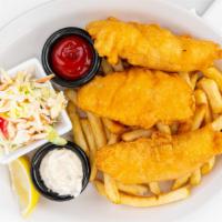 Alaskan Cod And Chips · Panko breaded, ginger coleslaw & roasted onion tartar sauce.