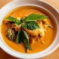 Chicken Red Curry · House red curry with, steam chicken breast, winter melon, and basil. Served with choices of ...