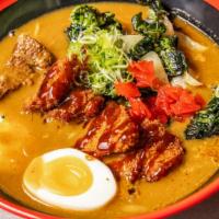 Curry Ramen · Japanese beef curry flavored tonkotsu broth, Japanese style pork cutlet, onsen tamago (soft ...