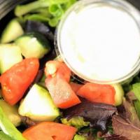 House Salad (Side) · Greens, cucumber, tomato, ranch dressing.
