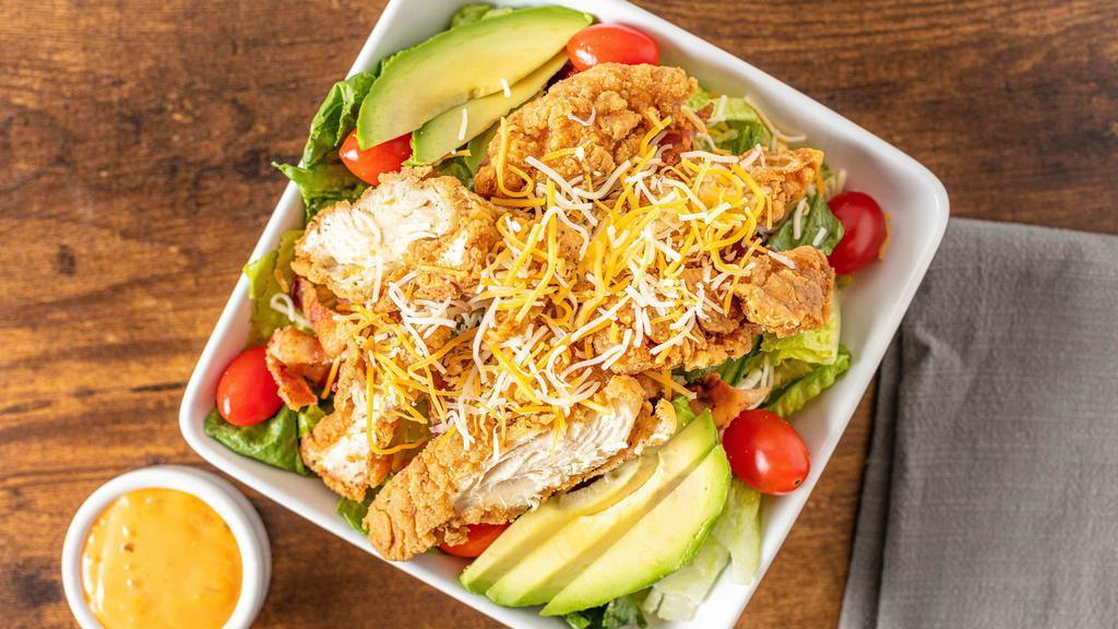 Fun Time Sally’S Salad · Romaine & iceberg mix, crispy chicken, avocado, grape tomato, crisp bacon, shredded jack cheddar cheese.  Try it with chipotle ranch dressing.