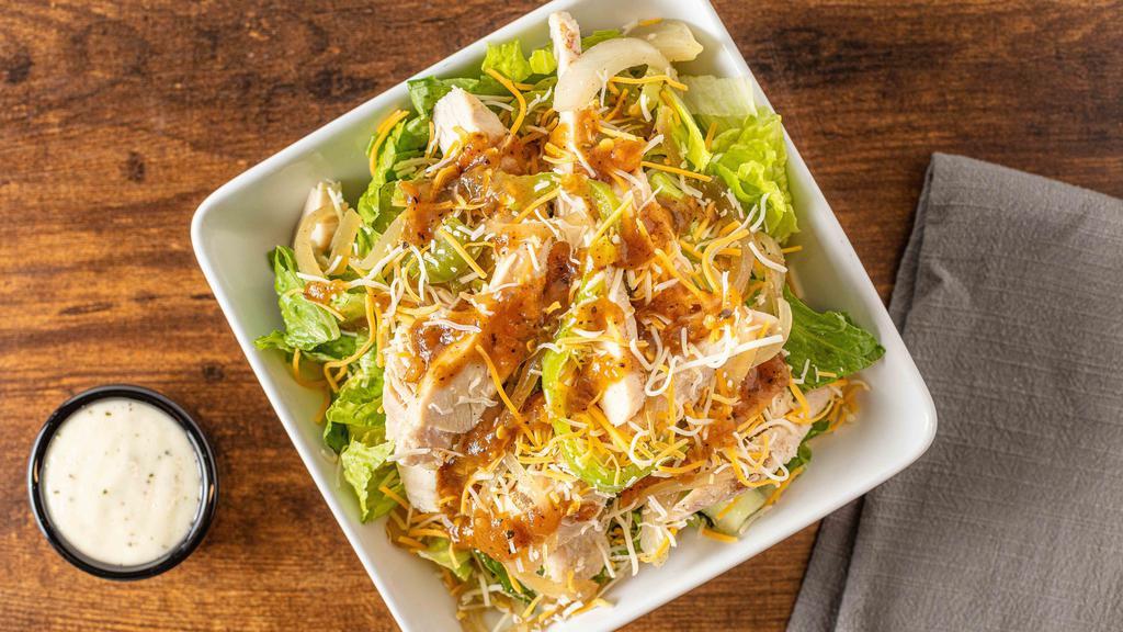 Fajita Chicken Salad · Romaine & iceberg mix, grilled chicken, sauteed peppers, onions and jalapeños, salsa roja, and shredded jack cheddar cheese.  Try it with chipotle ranch dressing.