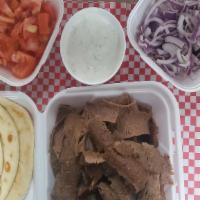 Gyro Family Meal · 1 lbs of Gyro Meat, 5 Pitas, Side of Tzatziki Sauce, Tomatoes and Onions