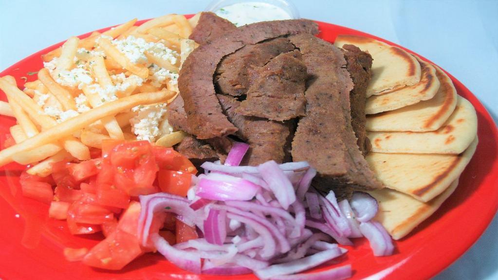 Gyro Meat Plate · Gyro meat, tomatoes, onions, pita bread, tzatziki sauce, and Greek fries. Not a sandwich.