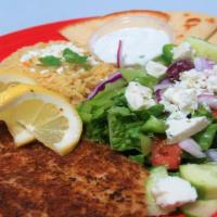 Mediterranean Fish Plate · Grilled fish, served with salad, rice, pita bread, and tzatziki sauce.