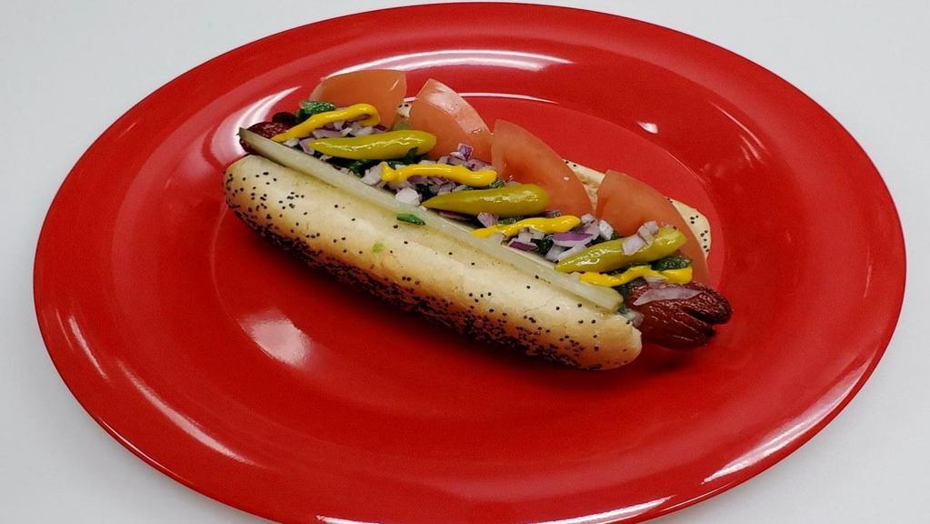 Chicago Polish · Polish hot dog, relish, tomatoes, onions, pickles mustard and a sport peppers.