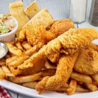 Fried Fish Platter · Strips of lightly battered southern fried catfish. Served with seasoned fries, and coleslaw.