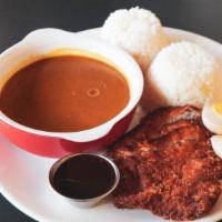 Katsu Curry  · White Rice 2 cups, Curry Sauce, Pork Tonkatsu 1pc, Tonkatsu Sauce, Boiled Egg