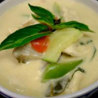 Green Curry · Spicy. Zucchini, eggplant, bell peppers, basil, green curry paste, and coconut milk.