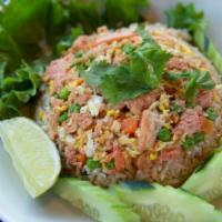 Crab Fried Rice · Egg, crab meat, carrots, peas, cilantro and fresh cucumber.