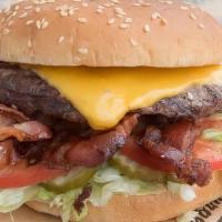 Bacon Cheeseburger · American cheese, bacon, KV spread, lettuce, pickles, and tomatoes. Made with 100% Fresh grou...