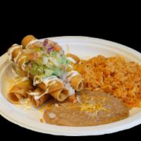 4 Rolled Tacos Plate · Four rolled tacos deep fried, topped with cheese, sour cream, guacamole (guacamole made fres...