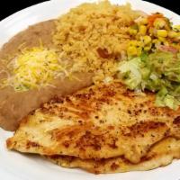 Grilled Chicken Plate · Grilled chicken served with rice, beans, lettuce, corn salsa, guacamole (guacamole made fres...