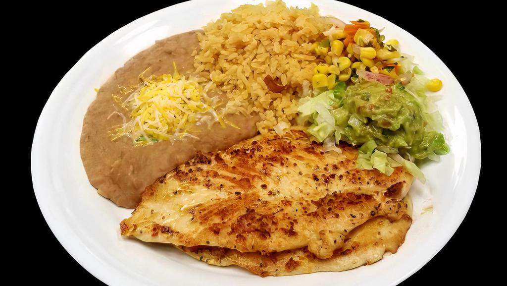 Grilled Chicken Plate · Grilled chicken served with rice, beans, lettuce, corn salsa, guacamole (guacamole made fresh with tomatoes, onions, cilantro).