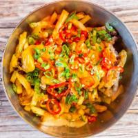 Hangover Fries · Chopped burger, American cheese, bacon, caramelized onion, pickled Fresno chilies, scallion,...