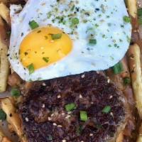 Loco Moco Poutine · Brown gravy, fried egg, furikake seasoning and scallion. Add fries, salad, smoked bacon or f...