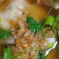 Wonton Soup · Homemade dumpling filled with ground chicken, prawns and mild spice cook in a clear broth, b...