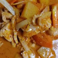 Massaman Curry · Your choice of meat or tofu in massaman curry, potatoes, carrots, pineapple, onions and roas...